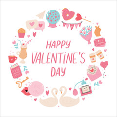 Valentine's day greeting card, poster, banner, print, invitation design with frame of doodles and lettering quote. EPS 10