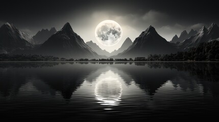 black and white photo of mountains with moon