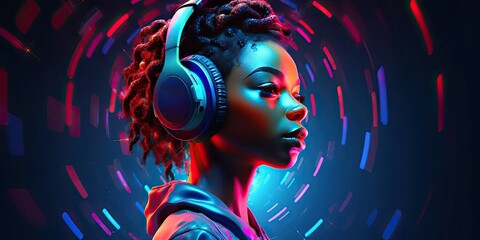 African woman wearing headphones and enjoying music beats in vibrant color pulses, colorful dynamic sound atmosphere