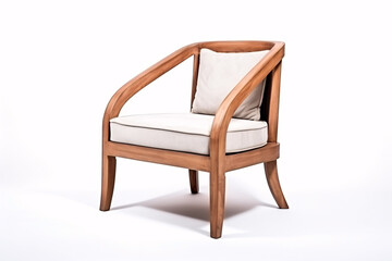 A wooden and fabric chair is isolated on a white background, presented from various angles.