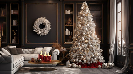 A coffee table with Xmas decor on a background of a sofa and a Christmas tree in the room.