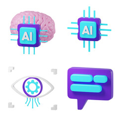 AI Integration Icons Set - AI Brain Chip, Processing Unit, Vision, and Chatbot