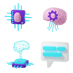 AI Technology and Communication Icon Set: Brain Processor, Neural Network, and Chat Interface