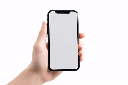 A modern, frameless black smartphone mockup with a blank white screen isolated on a white background is grippingly held by a woman's hand.