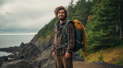 Eco-Friendly Hiker in Sustainable Gear on Scenic Trail – Green Outdoor Fashion Image