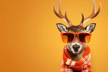 Gordijnen cool christmas deer hipster with sunglasses © krissikunterbunt