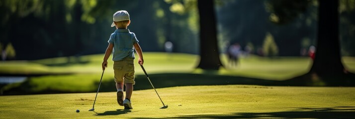 Small child with a golf club learning to play golf in golf, dad and child on the golf course, banner