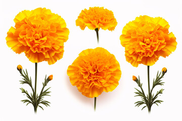 A marigold, set apart on a white surface, is a frequent blossom.