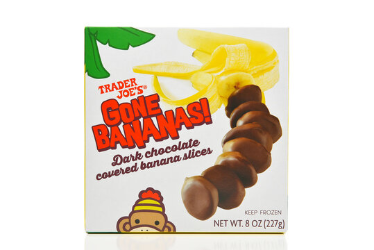 IRVINE, CALIFORNIA - 21 NOV 2023: Trader Joes Gone Bananas Dark Chocolate covered banana slices.