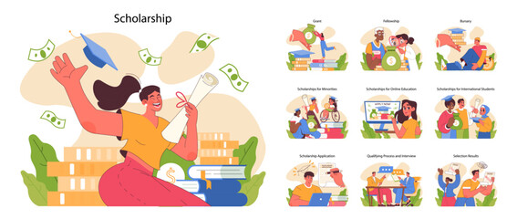 Scholarship set. Celebrating academic achievements and financial aid for students. From applications to awards. Education support across demographics. Help from government. Flat vector illustration
