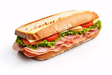 A sammie with ham, cheese and veg set apart on a pallid backdrop.
