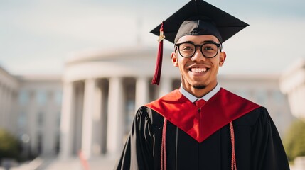 Happy college graduate student in academic hat and black gown stands alone in green park