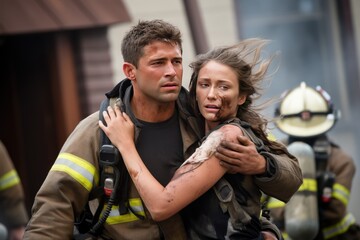 Fototapeta na wymiar Scared young woman hugs brave fireman saved girl from fire during rescue operation on street