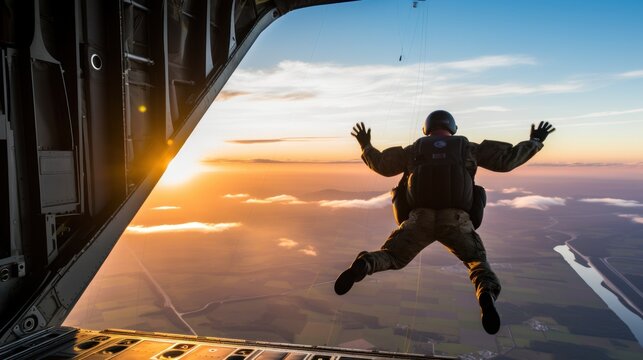 Airborne soldier with parachute on back jumps out of military plane at sunrise light