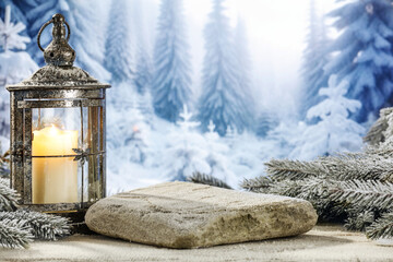 Fototapeta na wymiar Winter mockup background of snow and frost. Natural rural landscape and sun light. Empty space for your decoration. Magic christmas photo of pedestals and vintage style. Cold december day. 