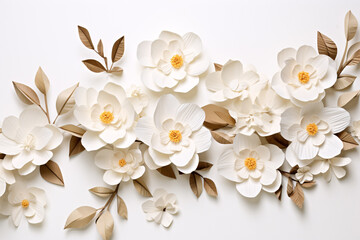 Arrangement of pale blossoms in DIY wrapping paper on a pristine surface.