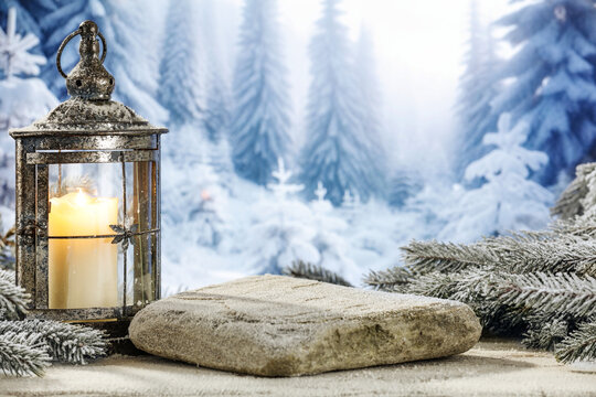Winter mockup background of snow and frost. Natural rural landscape and sun light. Empty space for your decoration. Magic christmas photo of pedestals and vintage style. Cold december day. 