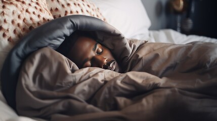 Young African-American man sleeps under warm plaid on soft bed at home closeup