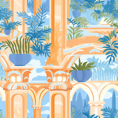 Seamless pattern with vases and architecture