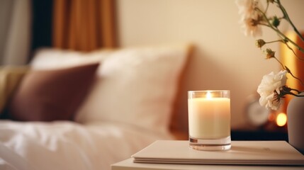 Fototapeta na wymiar Aromatic candle burns creating coziness and relaxing atmosphere on table in spa procedure salon
