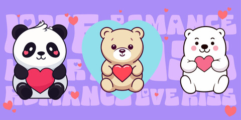 Vector Set Collection of Valentine&rsquo;s Day Bears: Cute Teddy Bear, Panda, Polar Bear. Compositions with Bears, Hearts in Flat Style

