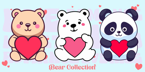 Valentine’s Day Vector Set Collection: Cute Bears - Teddy Bear, Panda, Polar Bear. Compositions with Bears, Hearts in Flat Style
