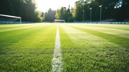 Lush green lawn grass with white line marking at new large football stadium closeup - obrazy, fototapety, plakaty