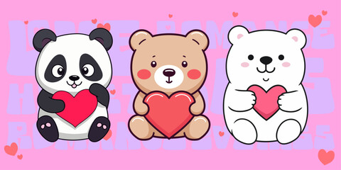 Set Collection of Adorable Bears: Teddy Bear, Panda, Polar Bear. Vector Animal Compositions with Bears, Hearts in Flat Style for Valentine’s Day
