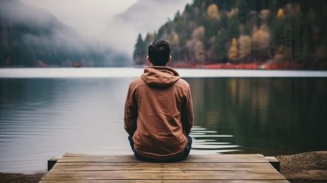Fototapeta Tranquil woman meditates sitting in lotus pose on pier by calm river on autumn day