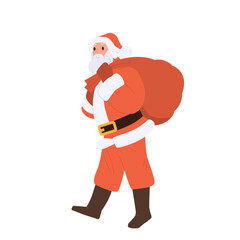 Funny happy Santa Claus cartoon character in red traditional costume carrying red sack with gifts