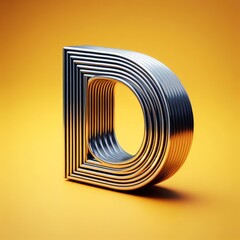 3D Chrome Shiny Letter D on a Yellow Background
