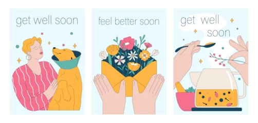 Foto op Plexiglas Get well soon card set. Positive and motivational poster with greeting quote. Medicine postcard with feel better lettering. Recovery affirmation and wishes. Flat vector Illustration © inspiring.team