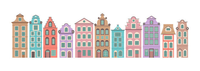 Dutch old colorful house set, isolated.German houses collection.Amsterdam.Vector stock illustration.