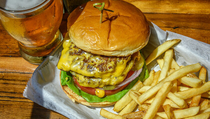 Cheeseburger, Draft Beer, and French Fries