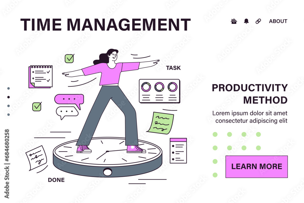 Poster employee efficiency web or landing. business employee productive multitasking. time management and w