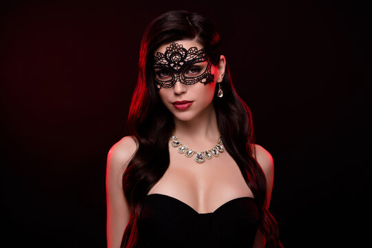 Photo of chic lady in mask celebrate halloween event dark evil gothic witch cosplay over neon background