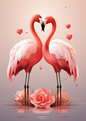A pair of pink flamingos forming a heart shape. Generative AI.