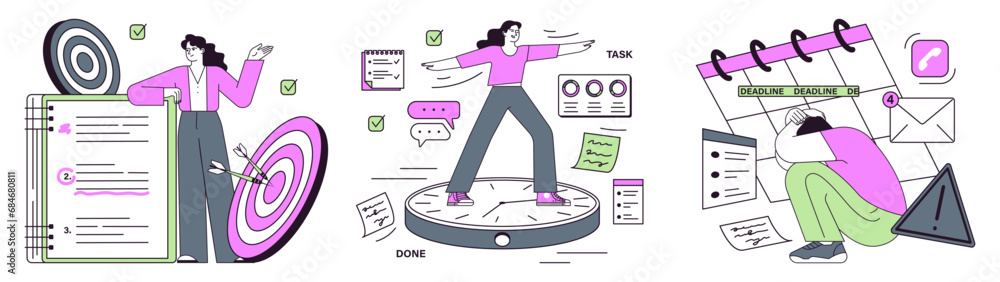 Poster employee efficiency set. business character or employee productive multitasking. time management and