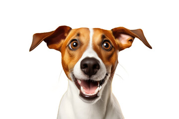Studio portrait of funny and excited dog face shocked or surprised expression isolated on transparent png background.