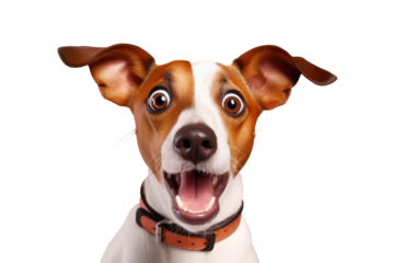 Studio portrait of funny and excited dog face shocked or surprised expression isolated on transparent png background.