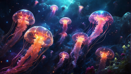 jellyfish in the sea - obrazy, fototapety, plakaty
