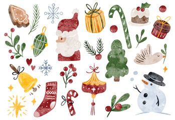 Hand Drawn Christmas Doodle in Watercolor Style Vector Illustration