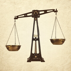 Ancient cast iron pharmacy balance on a sepia background