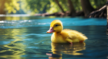 Nature's Harmony: Photorealistic Yellow Duckling Enjoying a Swim in Bright Blue River Waters, Surrounded by Trees with a Flying Bird in the Background - AI Generative