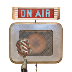 Vintage microphone with on air illuminated sign and speaker