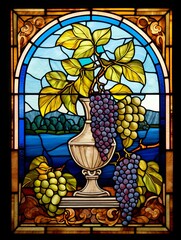 Stain glass window with grapes and leaves.