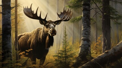 elk with big antlers in the forest with beautiful lighting from the sun's rays, banner, poster