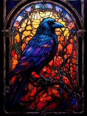 Stain glass window of a blackbird such as a raven or a crow.