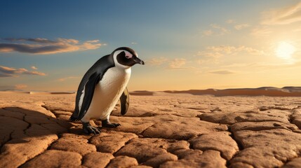 Fototapeta premium penguin in the desert: symbolizing environmental change impact on wildlife