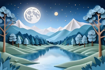 Dreamy paper-cut blue and green color landscape with a meandering river and mountains beneath a night sky, painted with the tranquil light of a crescent moon.